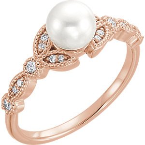 White Freshwater Cultured Pearl, Diamond Leaf Ring, 14k Rose Gold (6-6.5mm)( .125 Ctw, Color G-H, Clarity I1)