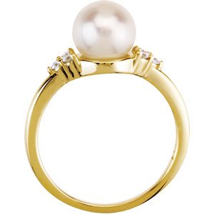Freshwater Cultured White Pearl and Diamond Ring, 7.5 MM - 8.00 MM,1/8 CT TW, 14k Yellow Gold, Size 6
