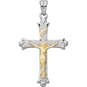 Two-Tone Trefoil Crucifix Sterling Silver and 14k Yellow Gold Pendant (41.5X23.3MM)
