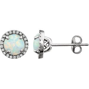 Created Opal Cabochon and Diamond Halo Button Earrings, Rhodium-Plated 14K White Gold