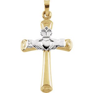 Hollow Claddagh Cross 14k Yellow and 14k White Gold Pendant