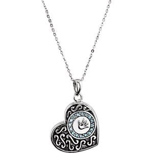 Antiqued Heart Ash Holder Necklace, Boy's Handprint with Blue CZs, Rhodium Plate Sterling Silver, 18"