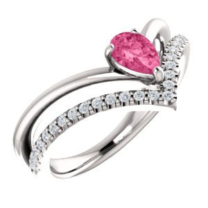 Pink Tourmaline Pear and Diamond Chevron Platinum Ring ( .145 Ctw, G-H Color, SI2-SI3 Clarity)