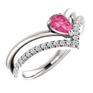 Pink Tourmaline Pear and Diamond Chevron Sterling Silver Ring (.145 Ctw,G-H Color, I1 Clarity)