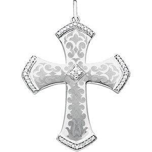 Sterling Silver Laser Engraved Diamond Cross Pendant (GH Color, I1 Clarity, 1/5 Cttw)