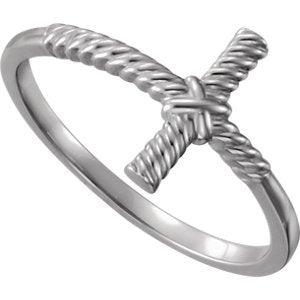 Sideways Rope Cross Rhodium Plated 14k White Gold Ring, Size 7.25