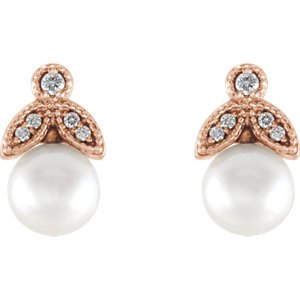 White Freshwater Cultured Pearl and Diamond Earrings, 14k Rose Gold (6-6.5MM) (.07 Ctw, GH Color, I1 Clarity)