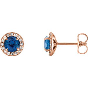 Chatham Created Blue Sapphire and Diamond Earrings, 14k Rose Gold (5 MM) (.16 Ctw, G-H Color, I1 Clarity)