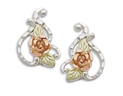 Diamond-Cut Rose Flower Earrings, Sterling Silver, 10k Gold, 12k Green and Rose Gold Black Hills Gold Motif