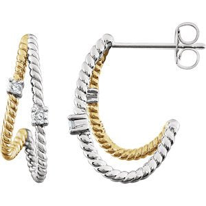 Diamond Criss Cross Rope J-Hoop Earrings, Rhodium-Plated 14k Yellow Gold Plated 14k White Gold (1/10 Ctw, Color HIJ, Clarity I3)