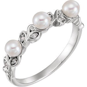 White Freshwater Cultured Pearl, Diamond Stackable Leaf Ring, Rhodium-Plated 14k White Gold (3.5mm)(.03Ctw, Color G-H, Clarity I1)