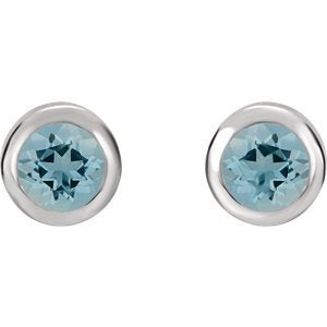 Simulated March Birthstone CZ Solitaire Stud Earrings, Rhodium-Plated Sterling Silver