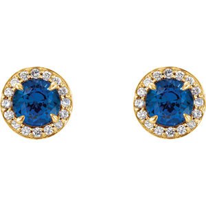 Chatham Created Blue Sapphire and Diamond Halo-Style Earrings, 14k Yellow Gold (3.5 MM) (.16 Ctw, G-H Color, I1 Clarity)
