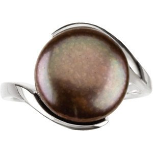 Freshwater Cultured Chocolate Coin Pearl Sterling Silver Ring, 13-14MM, Size 10