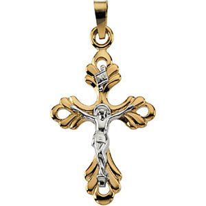 14k Yellow and White Gold Fleur de Lis Crucifix Pendant