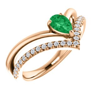 Chatham Created Emerald Pear and Diamond Chevron 14k Rose Gold Ring (.145 Ctw,G-H Color, I1 Clarity)