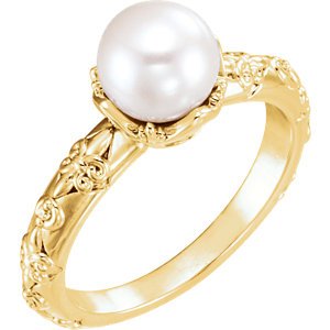 White Freshwater Cultured Pearl, Diamond Vintage Ring, 14k Yellow Gold (7-7.5 mm)(.02 Ctw, G-H Color, I1 Clarity)