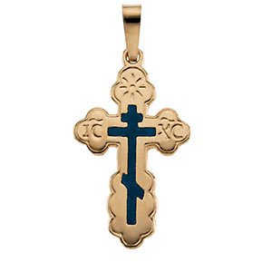 Orthodox Cross with Blue Enamel 14k Yellow Gold Pendant