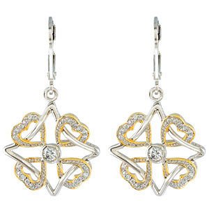 Rhodium Plate Sterling Silver and Yellow Gold Plate 'Faith, Family, Friends and Love' Pave Heart Earrings