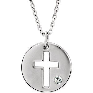 Diamond Pierced Cross Disc Pendant Necklace in Rhodium-Plated 14k White Gold (.03 Ctw, Color G-H, Clarity I1)