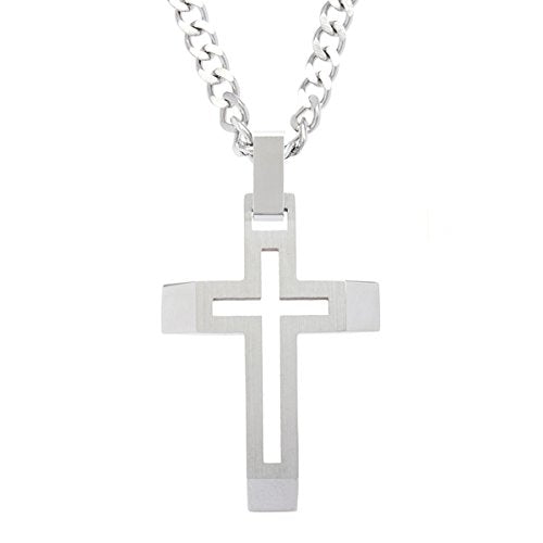 Men's Brushed Finish Open Cross Pendant Necklace , Stainless Steel, 22"