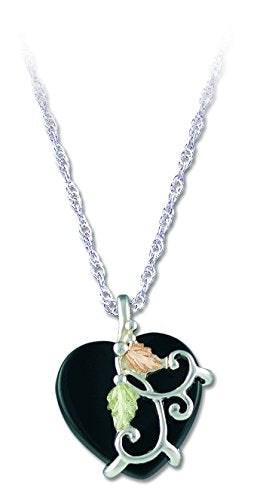 Onyx Heart Filigree Pendant Necklace, Sterling Silver, 12k Green and Rose Gold Black Hills Gold Motif, 18''