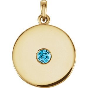 Round Blue Zircon Disc Pendant, 14k Yellow Gold