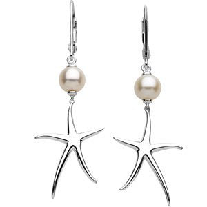 Freshwater Cultured White Pearl Starfish Earrings, 7MM - 7.50 MM, Sterling Silver
