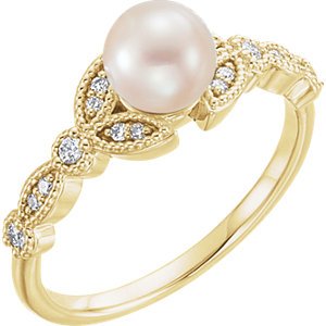 White Freshwater Cultured Pearl, Diamond Leaf Ring, 14k Yellow Gold (6-6.5mm)( .125 Ctw, Color G-H, Clarity I1) Size 6