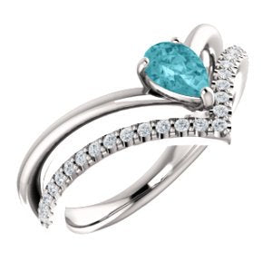 Blue Zircon Pear and Diamond Chevron Rhodium-Plated 14k White Gold Ring (.145 Ctw, G-H Color, I1 Clarity)
