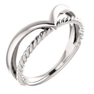 Negative Space Rope Trim and Curved 'V' Ring, Rhodium-Plated 14k White Gold, Size 7.75