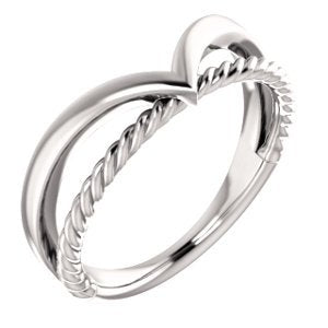 Platinum Negative Space Rope Trim and Curved 'V' Ring, Size 7.25