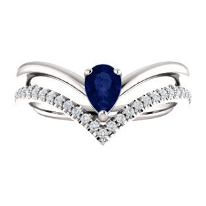 Blue Sapphire Pear and Diamond Chevron Sterling Silver Ring (.145 Ctw, G-H Color, I1 Clarity), Size 6.25
