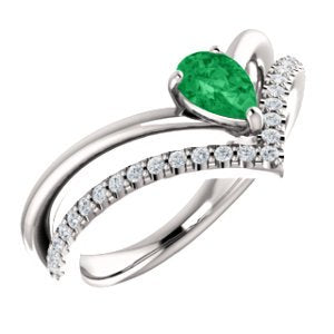 Chatham Created Emerald Pear and Diamond Chevron Rhodium-Plated 14k White Gold Ring (.145 Ctw, G-H Color, I1 Clarity)