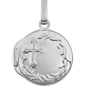 Embossed Treflée Botonee Cross Rhodium-Plated 14k White Gold Round Locket Pendant