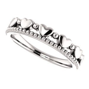 Stackable Beaded Heart Comfort-Fit Ring, Rhodium-Plated 14k White Gold