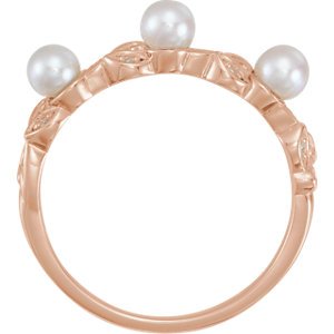 White Cultured Pearl, Diamond Stackable Leaf Ring, 14k Rose Gold (3.5mm)(.03Ctw, Color G-H, Clarity I1)