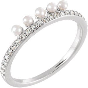 White Freshwater Cultured Pearl, Diamond Stackable Ring, Rhodium-Plated 14k White Gold (2mm)(.2Ctw, Color G-H, Clarity I1)