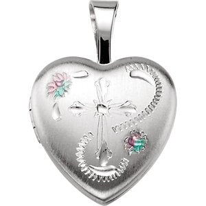 Satin-Brush Heart with Cross and Enameled Flowers Sterling Silver Locket (12.50X12.00 MM)