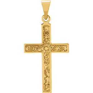 Embossed Flowers Cross 14k Yellow Gold Pendant