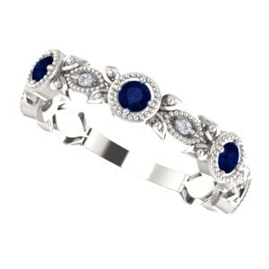 Blue Sapphire and Diamond Vintage-Style Ring, Rhodium-Plated Sterling Silver (0.03 Ctw, G-H Color, I1 Clarity)