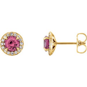 Pink Tourmaline and Diamond Halo-Style Earrings, 14k Yellow Gold (4.5MM) (.16 Ctw, G-H Color, I1 Clarity)