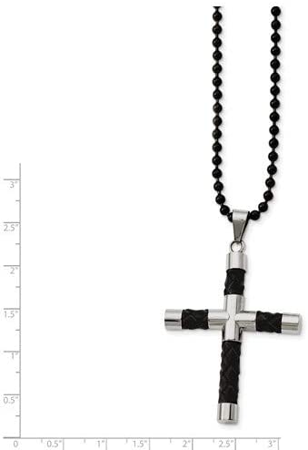 Stainless Steel and Black Leather, Black IP Cross Pendant Necklace, 24"