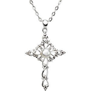 Freshwater Cultured Pearl Cross 'Confirmed by Grace' Rhodium Plate Sterling Silver Necklace 4.45MM, 18"