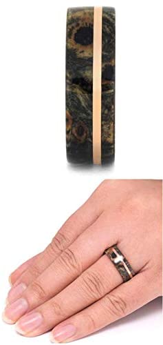 His and Hers 14k Rose Gold Buckeye Burl Wood Band and Deer Antler, 14k Rose Gold Titanium Band Sizes M14-F7