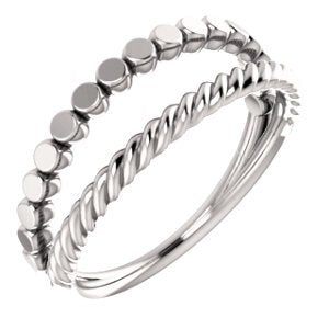 Rope Trim and Flat Granulated Bead Twin Stacking Ring, Rhodium-Plated 14k White Gold, Size 6