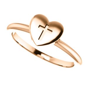 Heart with Cross 14k Rose Gold Slim Profile Ring, Size 4.5