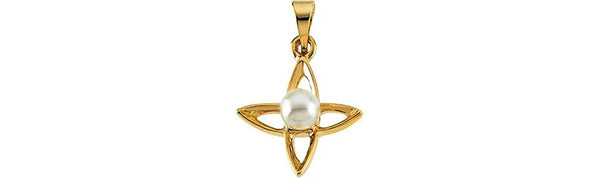 Tiny Cross with Pearl 14k Yellow Gold Pendant