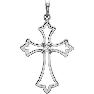 Diamond Fleur-de-Lis Cross Rhodium-Plated 14k White Gold Pendant (.03 Ct, G-H Color, I1 Clarity)