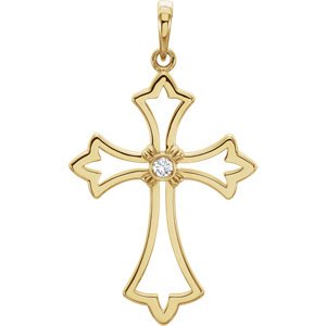 Diamond Fleur-de-Lis Cross 14k Yellow Gold Pendant (.03 Ct, G-H Color, I1 Clarity)